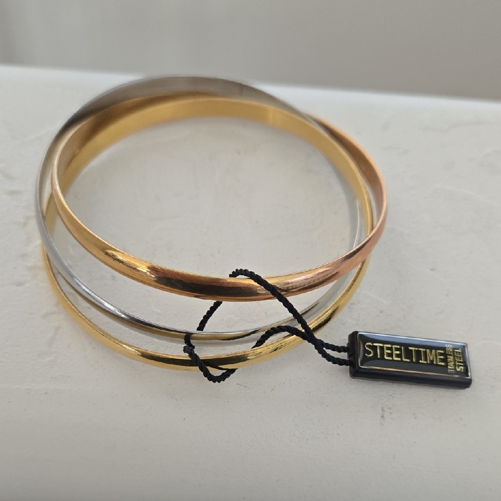 Tri-Tone Women's Linked Bangle Bracelet Set - Gold, Rose Gold & Silver